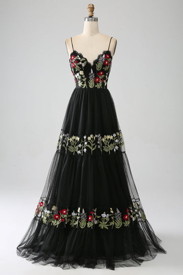 Black A-Line Spaghetti Straps Embroidered Long Corset Ball Dress